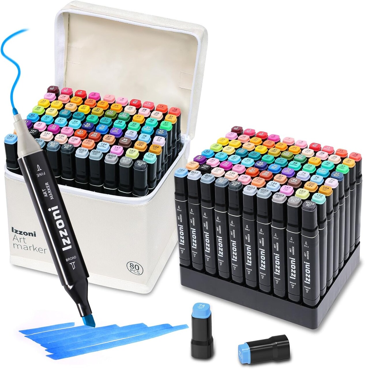 80-Color Dual Tip Alcohol Markers Set – Fine & Chisel Tip Coloring Markers for Kids, Teens, and Adults with Carrying Case and Base (Beige)